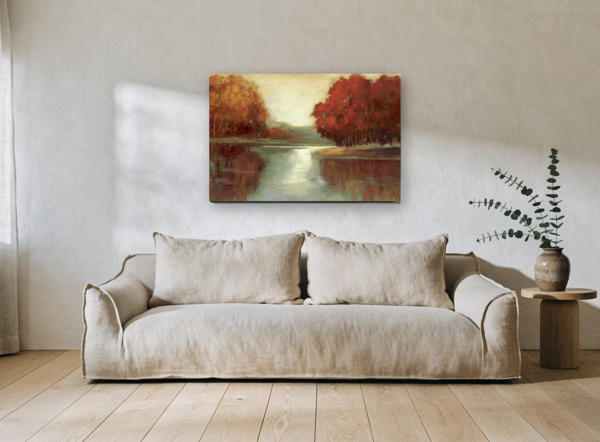 Autumn Lake Reflections floral canvas print on the wall of a living room