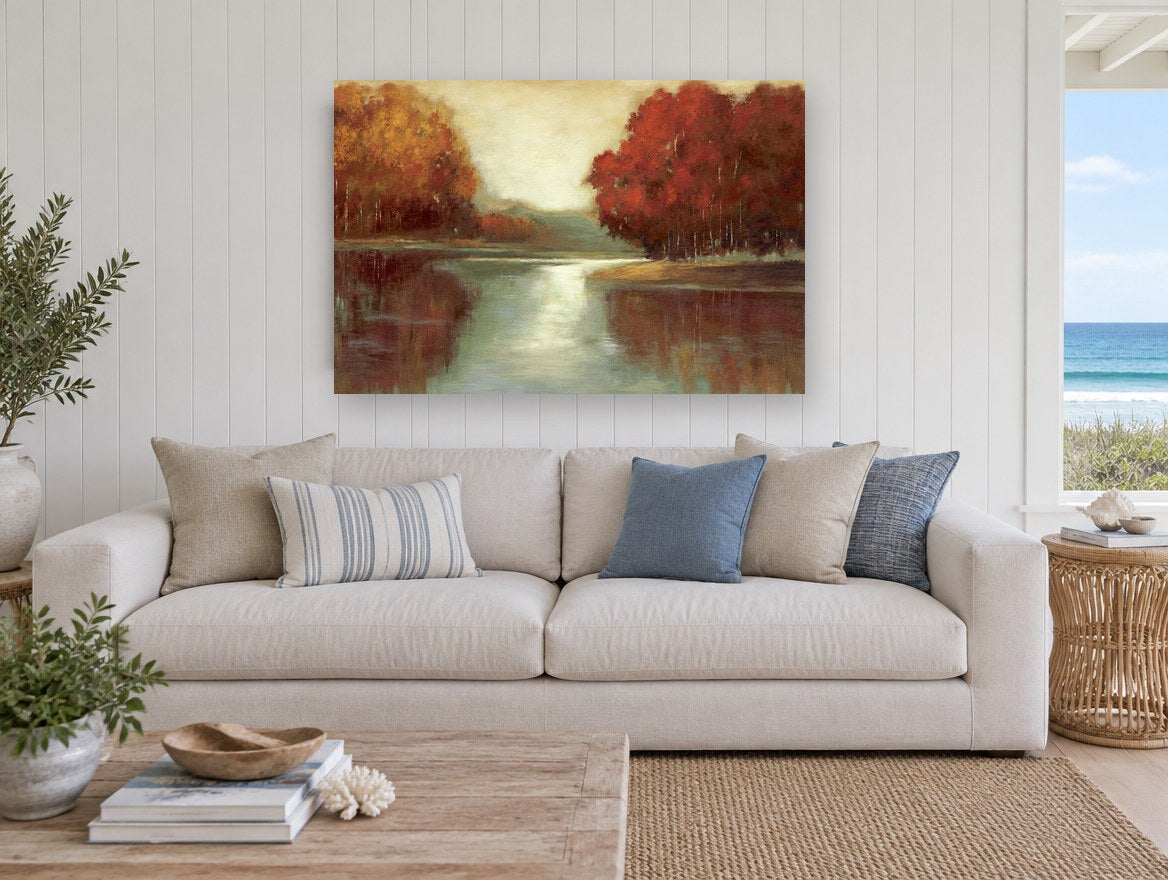 Autumn Lake Reflections floral canvas print on the wall of a beach house living room