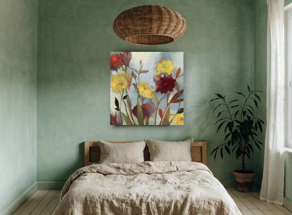 Meadow Blooms in Crimson floral canvas print on the wall of a bedroom