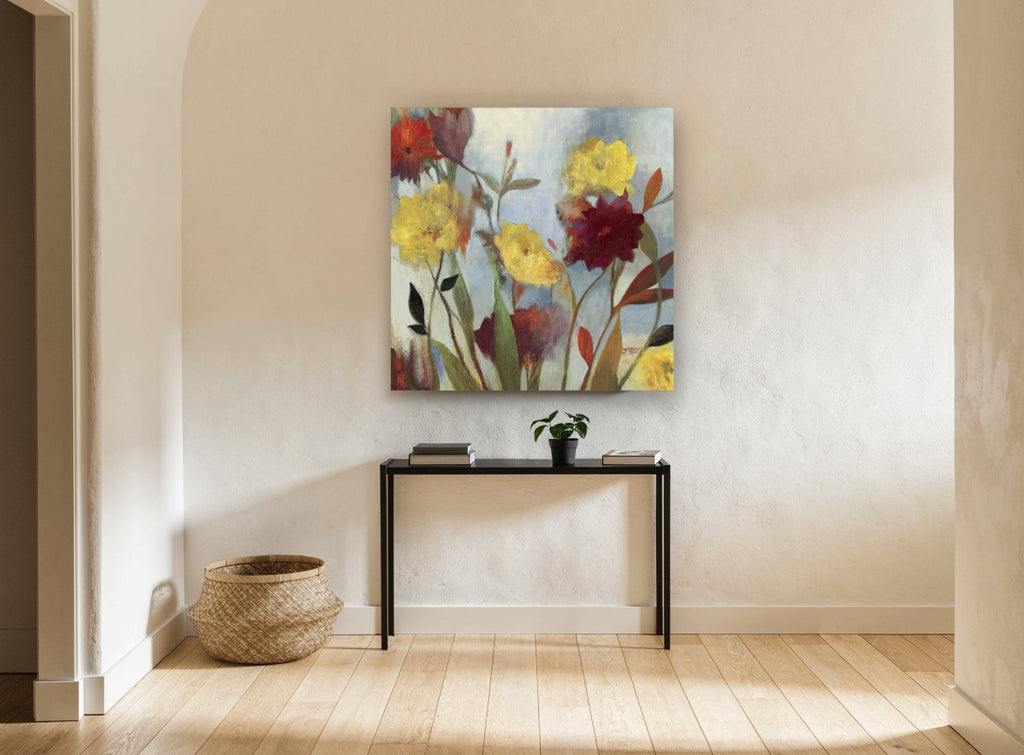 Meadow Blooms in Crimson floral canvas print on the wall of a hallway