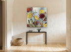 Meadow Blooms in Crimson floral canvas print on the wall of a hallway