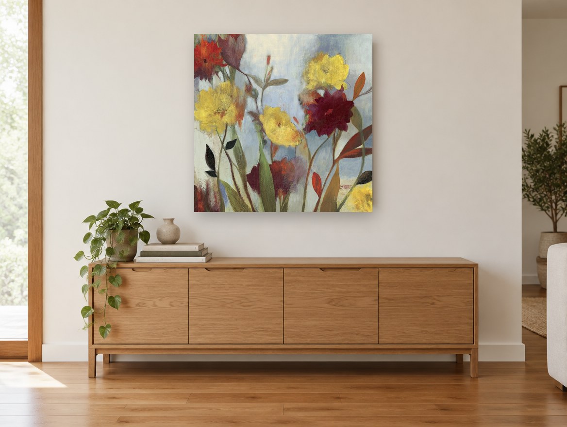 Meadow Blooms in Crimson floral canvas print on the wall of a living room above a sideboard