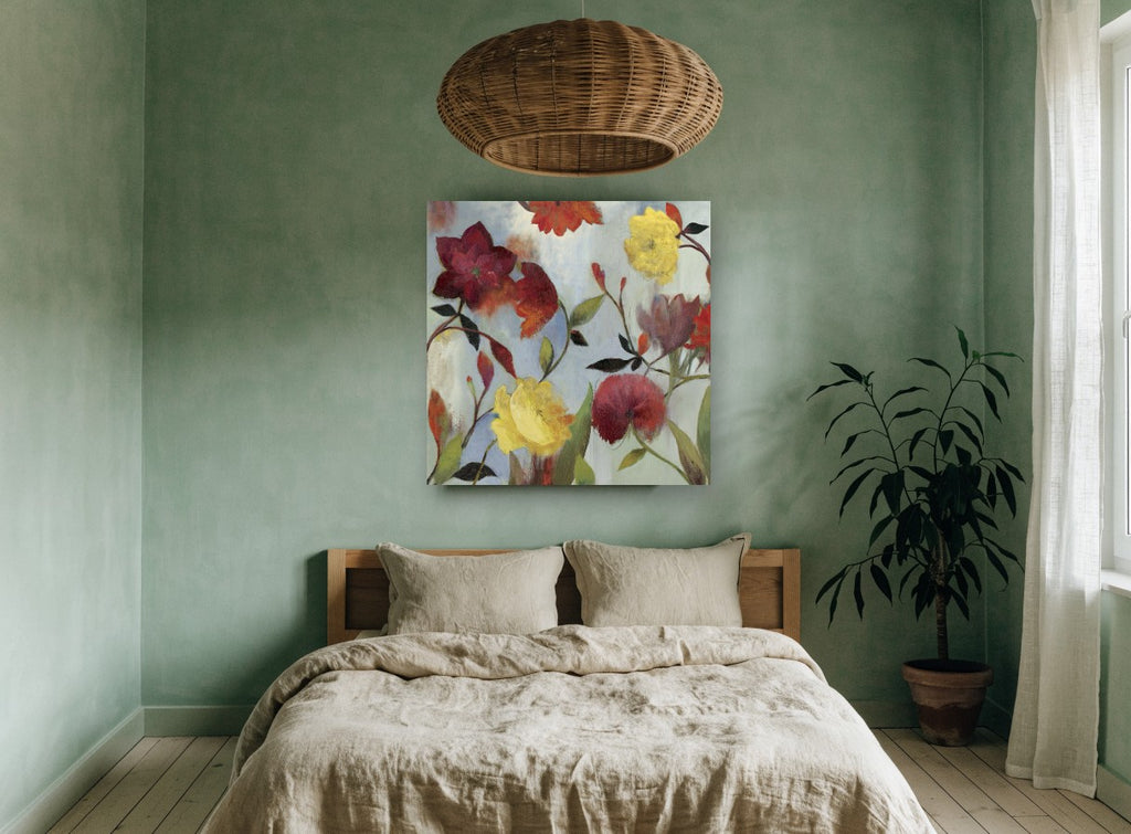 Crimson and Gold Garden floral canvas print on the wall of a bedroom