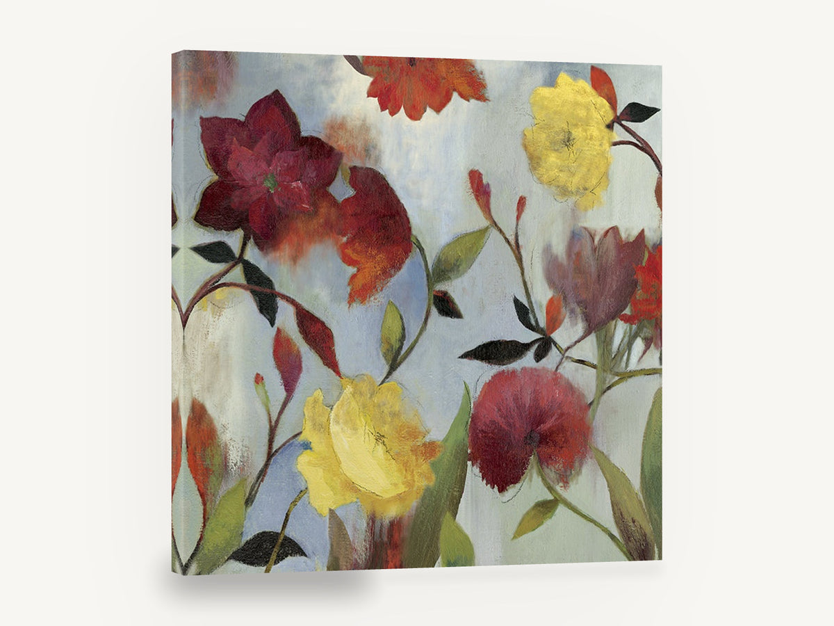 Crimson and Gold Garden, red and yellow wildflowers painting, floral canvas wall art print ready to hang