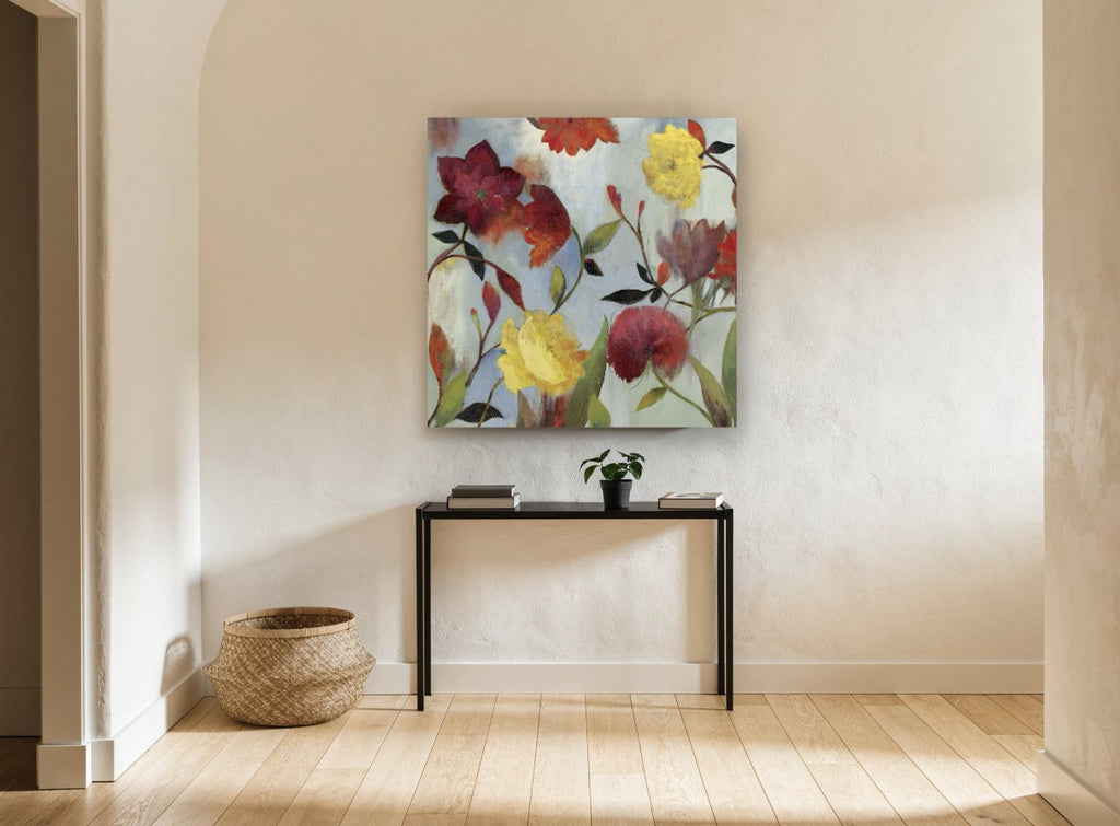 Crimson and Gold Garden floral canvas print on the wall of a hallway