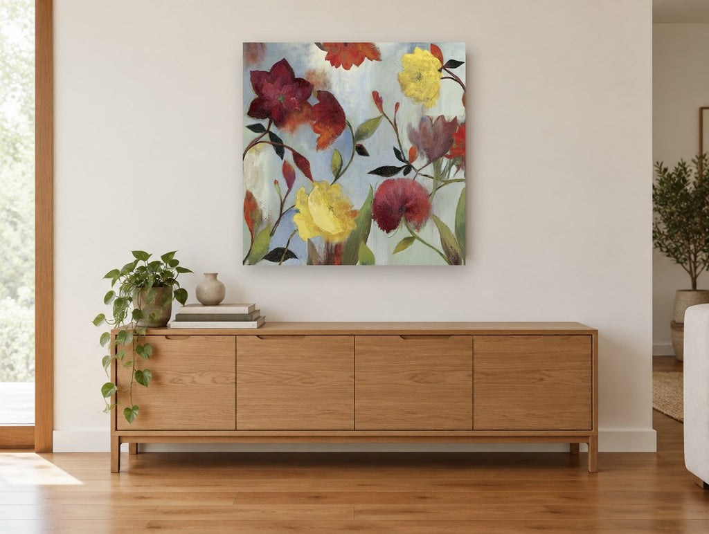 Crimson and Gold Garden floral canvas print on the wall of a living room above a sideboard