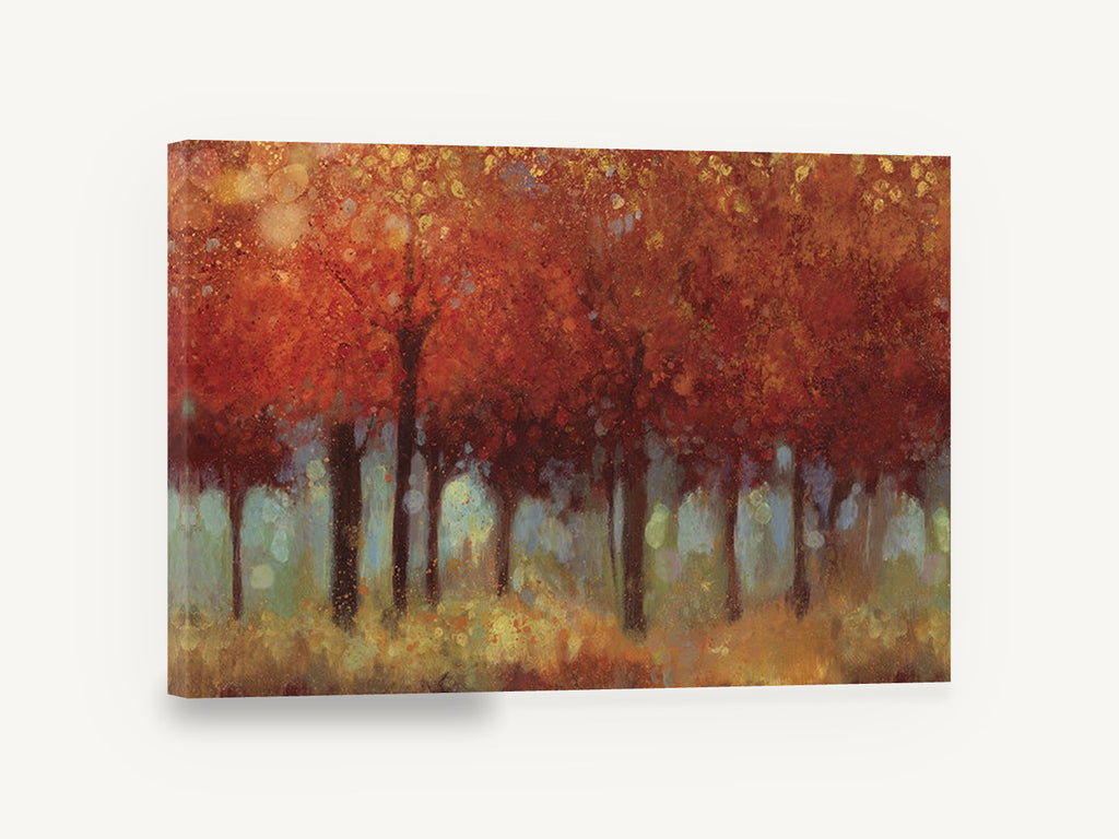 Crimson Grove Glow, red autumn forest trees painting, floral canvas wall art print ready to hang
