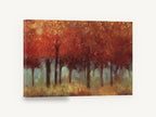 Crimson Grove Glow, red autumn forest trees painting, floral canvas wall art print ready to hang
