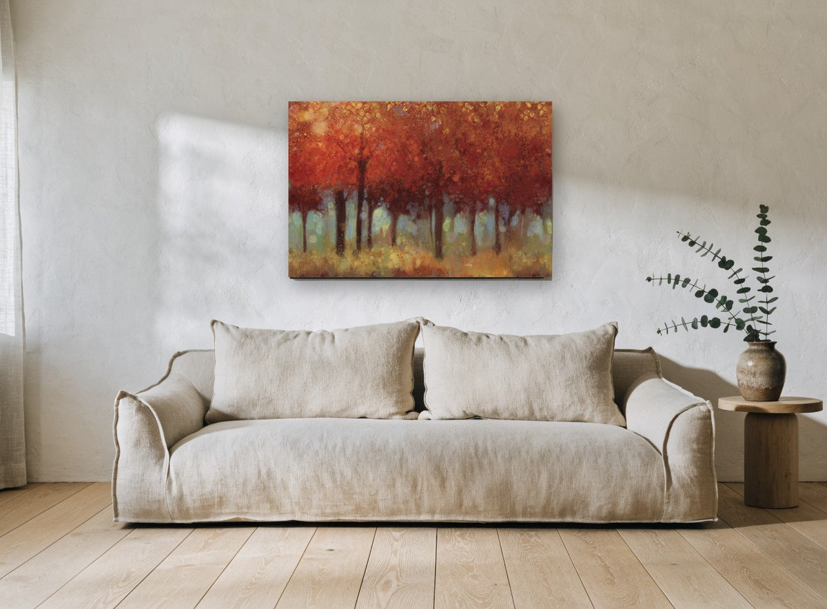 Crimson Grove Glow floral canvas print on the wall of a living room