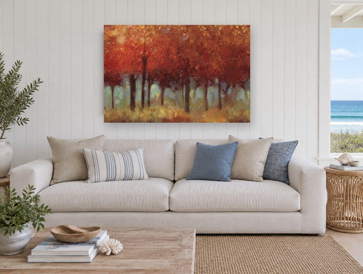 Crimson Grove Glow floral canvas print on the wall of a beach house living room