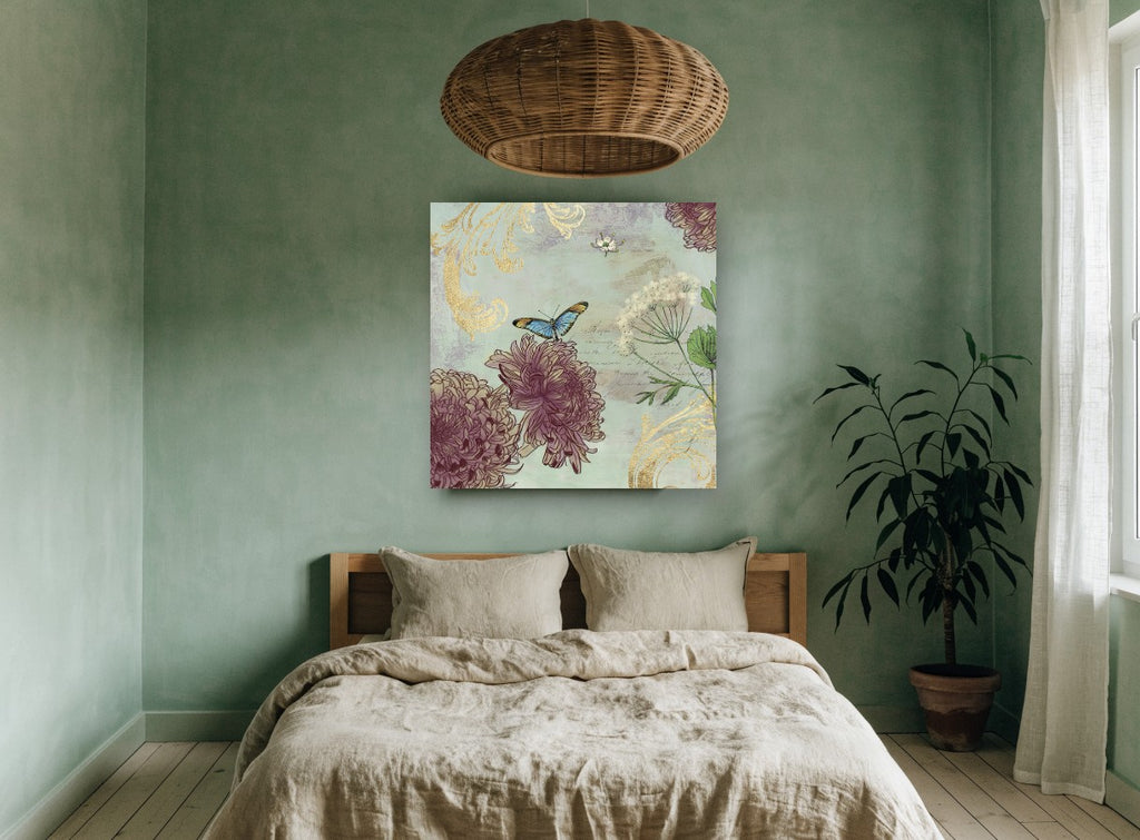 Butterfly and Burgundy Chrysanthemums vintage canvas print on the wall of a bedroom