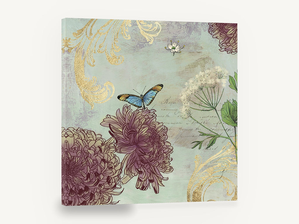 Butterfly and Burgundy Chrysanthemums, vintage butterfly and chrysanthemum botanical, stretched canvas wall art print ready to hang