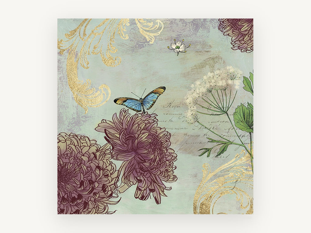 Butterfly and Burgundy Chrysanthemums, vintage canvas wall art print, front view