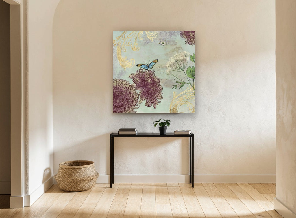Butterfly and Burgundy Chrysanthemums vintage canvas print on the wall of a hallway