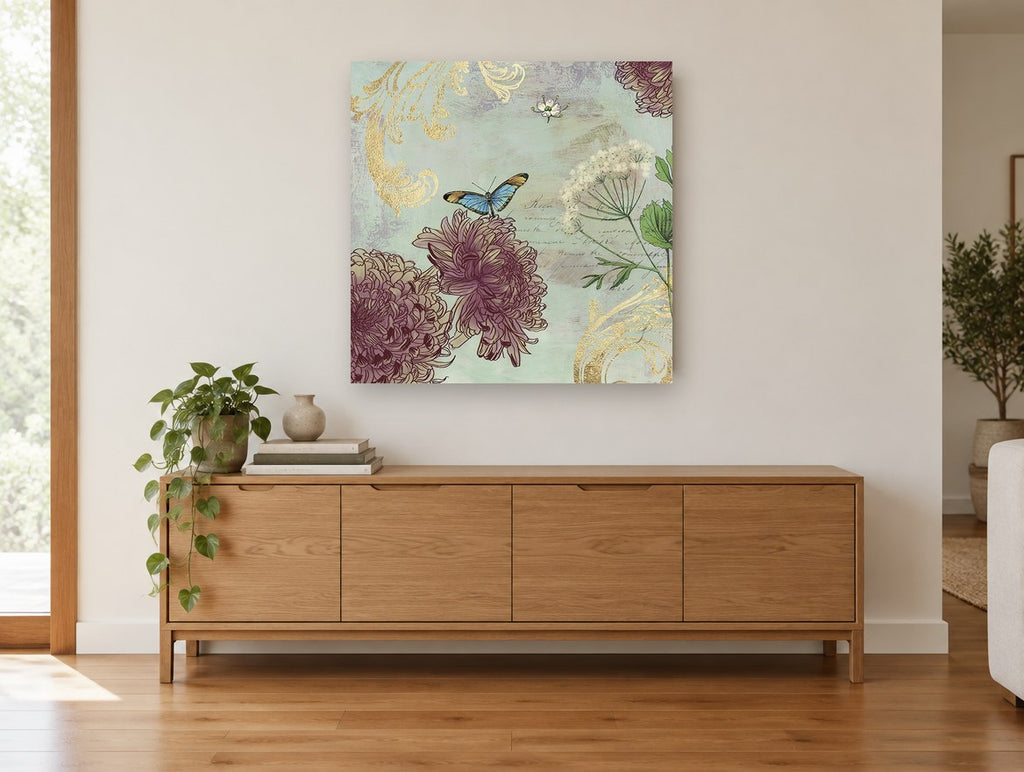 Butterfly and Burgundy Chrysanthemums vintage canvas print on the wall of a living room above a sideboard