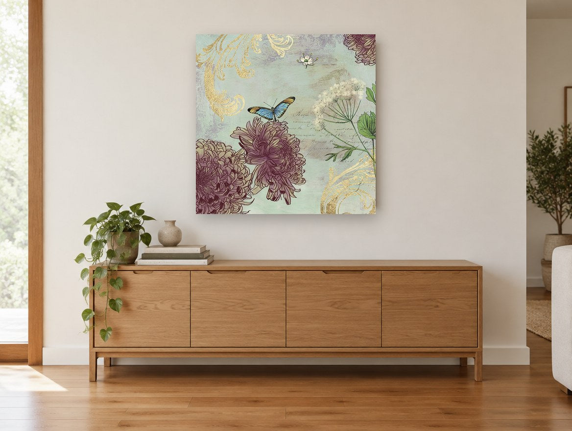 Butterfly and Burgundy Chrysanthemums vintage canvas print on the wall of a living room above a sideboard