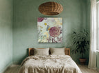 Rose and Butterfly Garden vintage canvas print on the wall of a bedroom