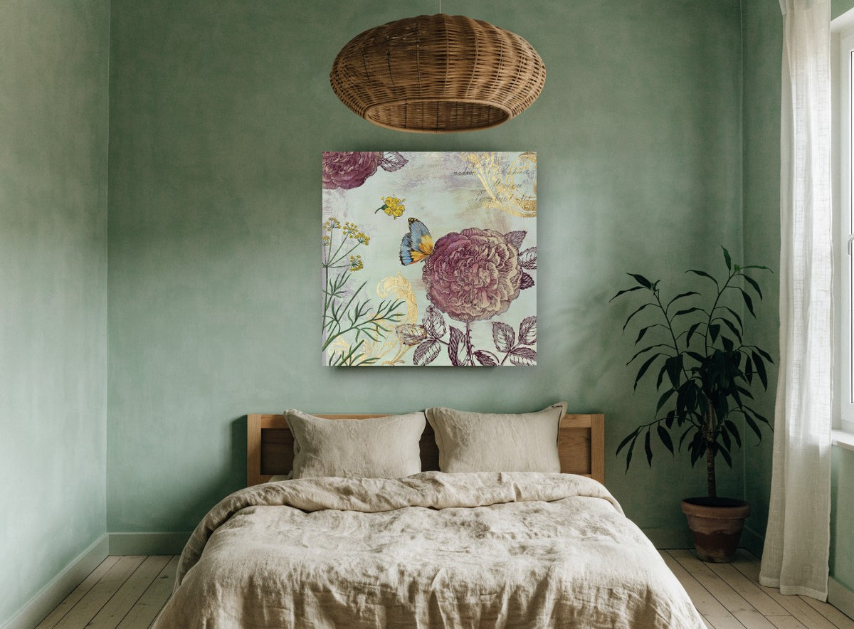 Rose and Butterfly Garden vintage canvas print on the wall of a bedroom