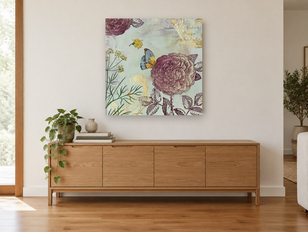 Rose and Butterfly Garden vintage canvas print on the wall of a living room above a sideboard