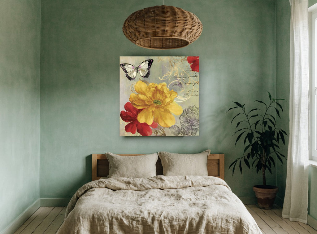 Yellow Bloom and Butterfly vintage canvas print on the wall of a bedroom