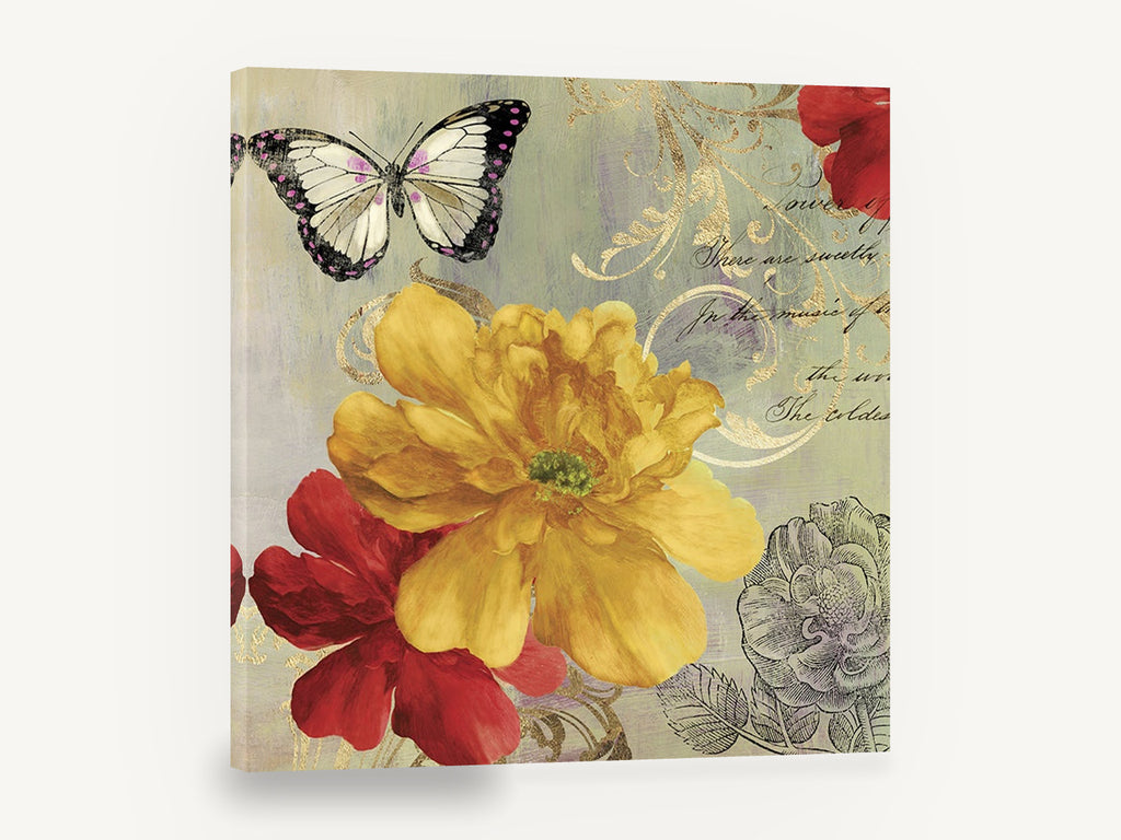 Yellow Bloom and Butterfly, vintage yellow floral butterfly, stretched canvas wall art print ready to hang