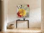 Yellow Bloom and Butterfly vintage canvas print on the wall of a hallway