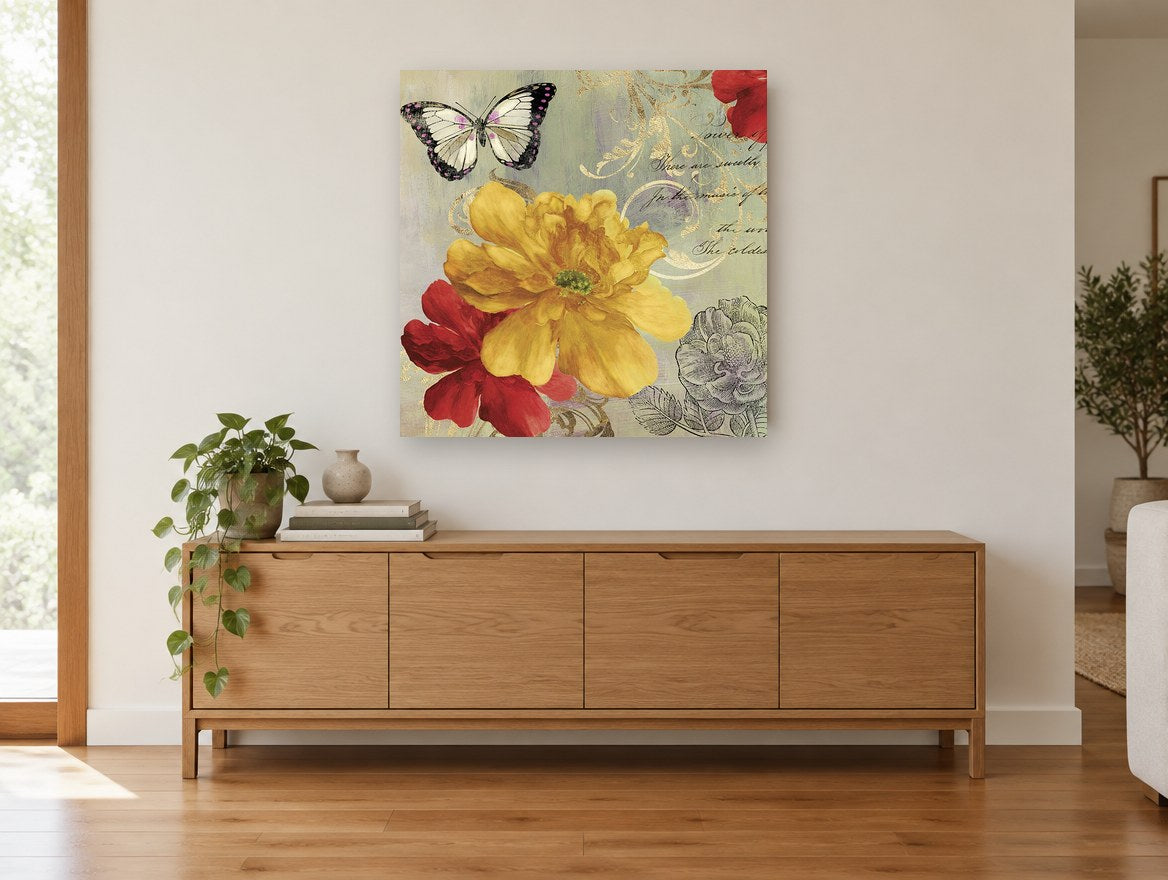 Yellow Bloom and Butterfly vintage canvas print on the wall of a living room above a sideboard