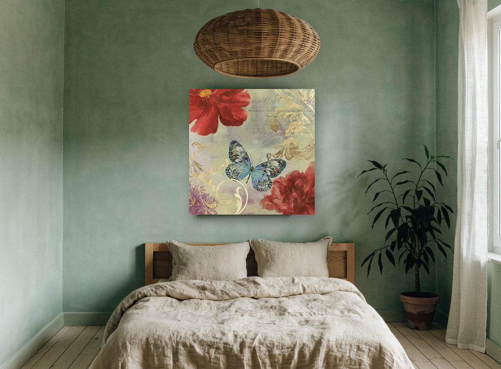 Butterfly and Gilded Scrolls vintage canvas print on the wall of a bedroom