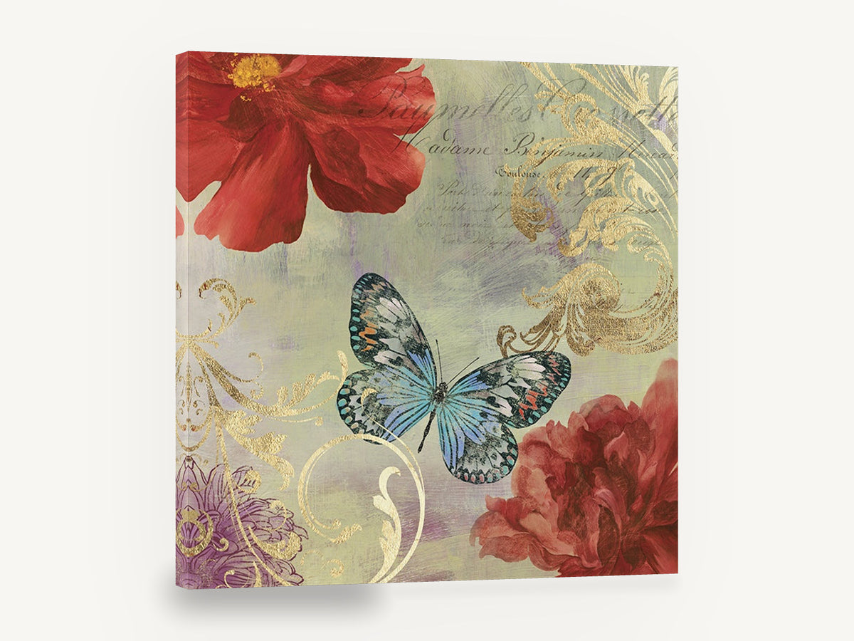 Butterfly and Gilded Scrolls, vintage butterfly floral script, stretched canvas wall art print ready to hang