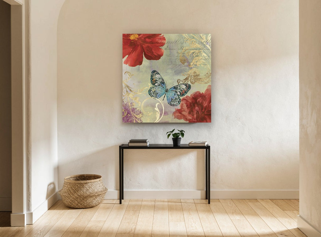 Butterfly and Gilded Scrolls vintage canvas print on the wall of a hallway