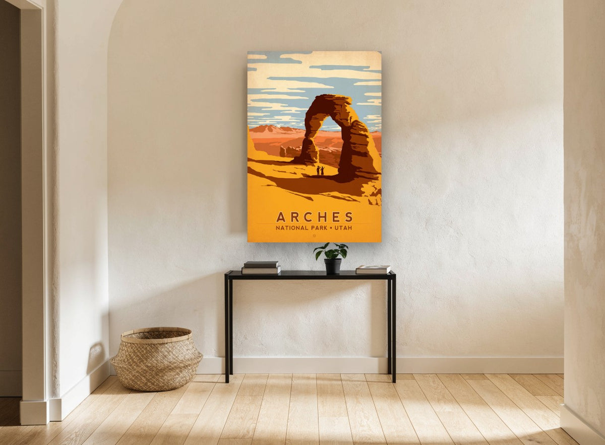Arches Desert Arch vintage canvas print on the wall of a hallway
