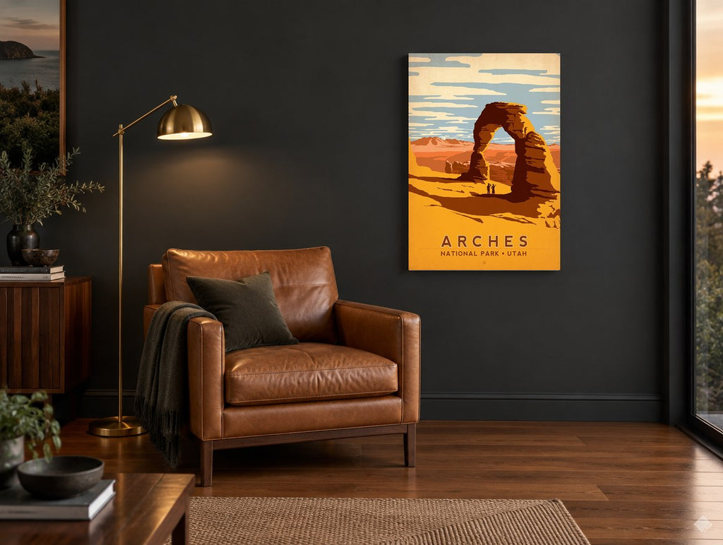 Arches Desert Arch vintage canvas print on the wall of a charcoal living room