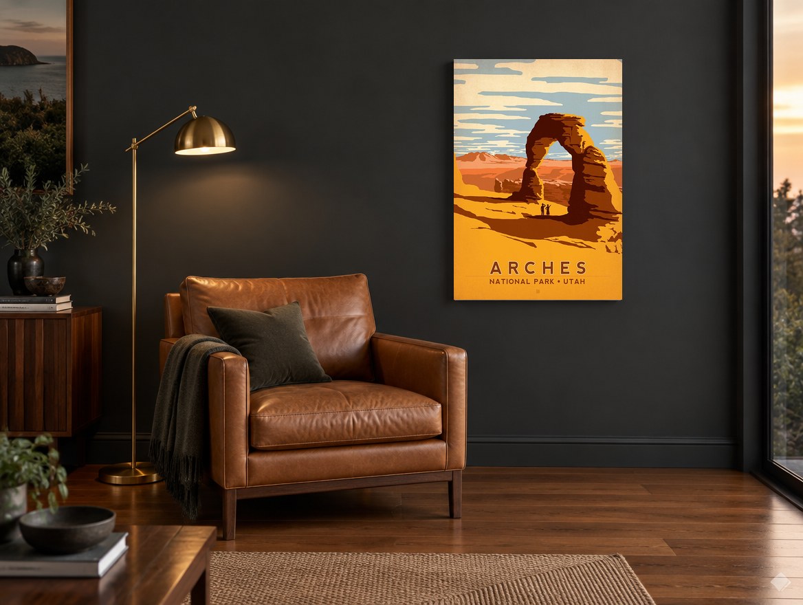 Arches Desert Arch vintage canvas print on the wall of a charcoal living room