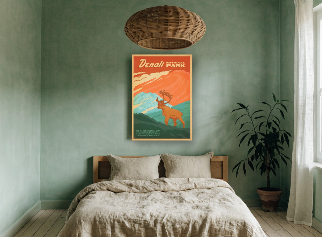 Caribou Above Denali vintage canvas print on the wall of a bedroom