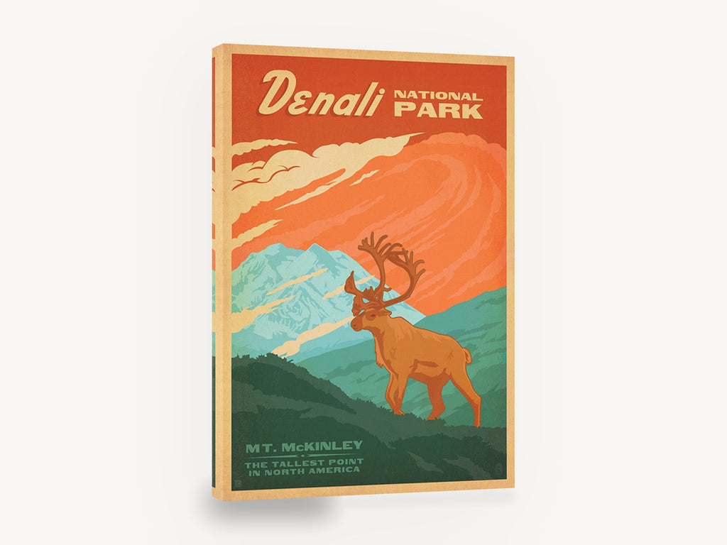 Caribou Above Denali, retro denali national park travel poster, stretched canvas wall art print ready to hang