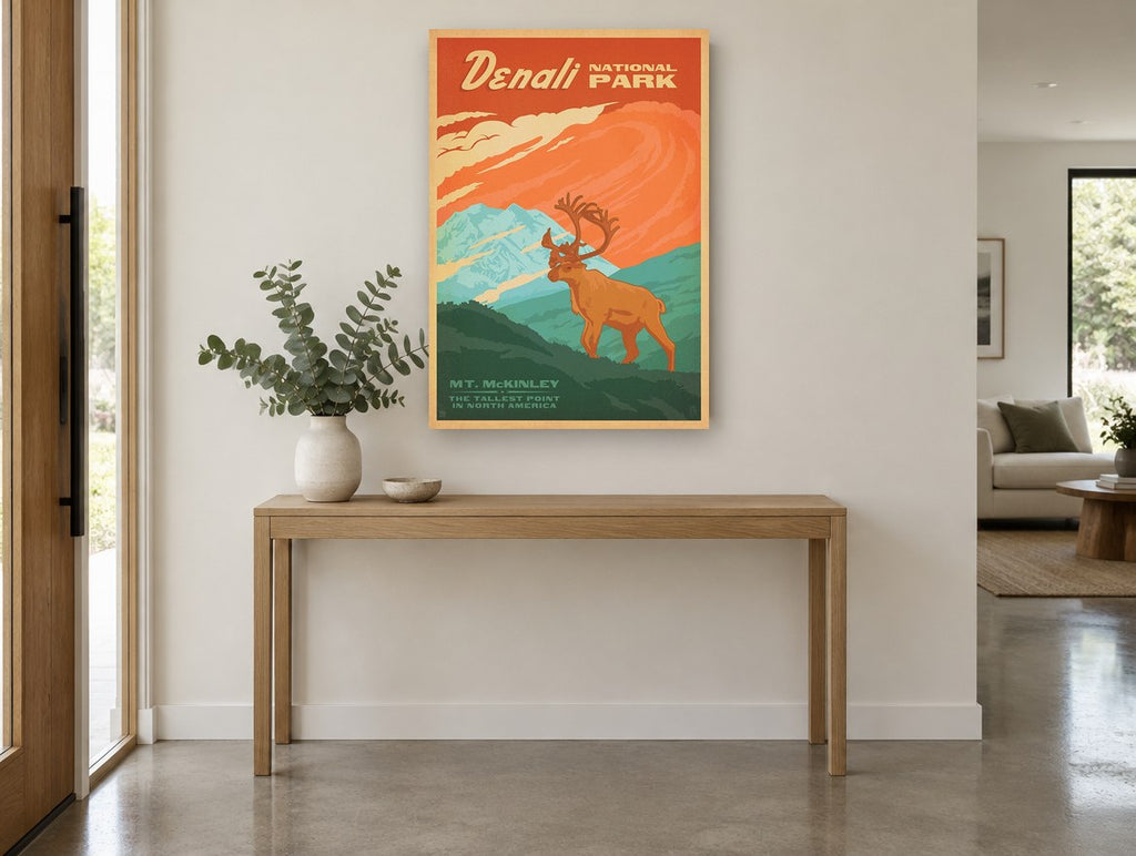 Caribou Above Denali vintage canvas print on the wall of a entry hall