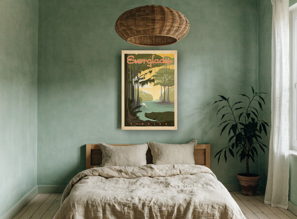 Everglades Swamp Alligator vintage canvas print on the wall of a bedroom