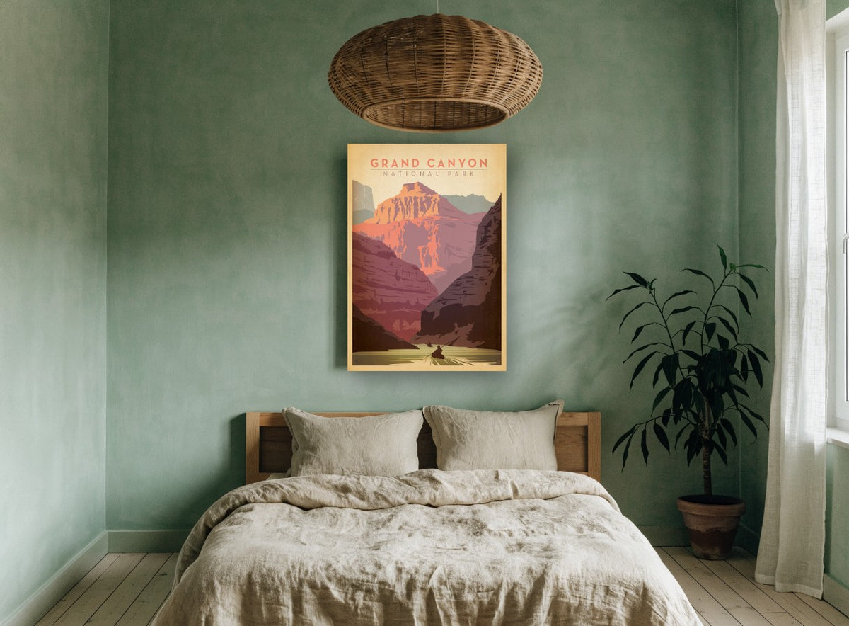 Canyon River Paddle vintage canvas print on the wall of a bedroom