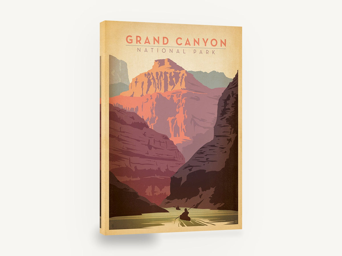 Canyon River Paddle, retro grand canyon national park poster, stretched canvas wall art print ready to hang