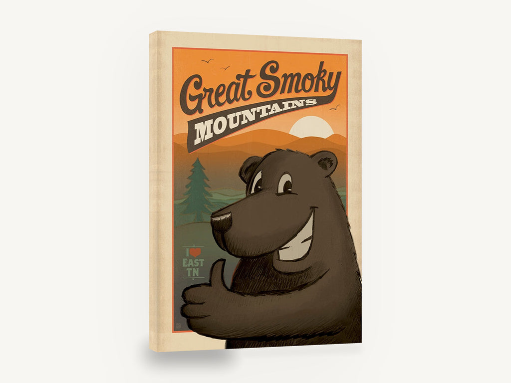 Thumbs-Up Smoky Bear, retro great smoky mountains bear poster, stretched canvas wall art print ready to hang