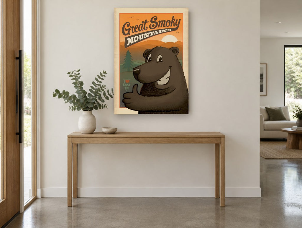 Thumbs-Up Smoky Bear vintage canvas print on the wall of a entry hall