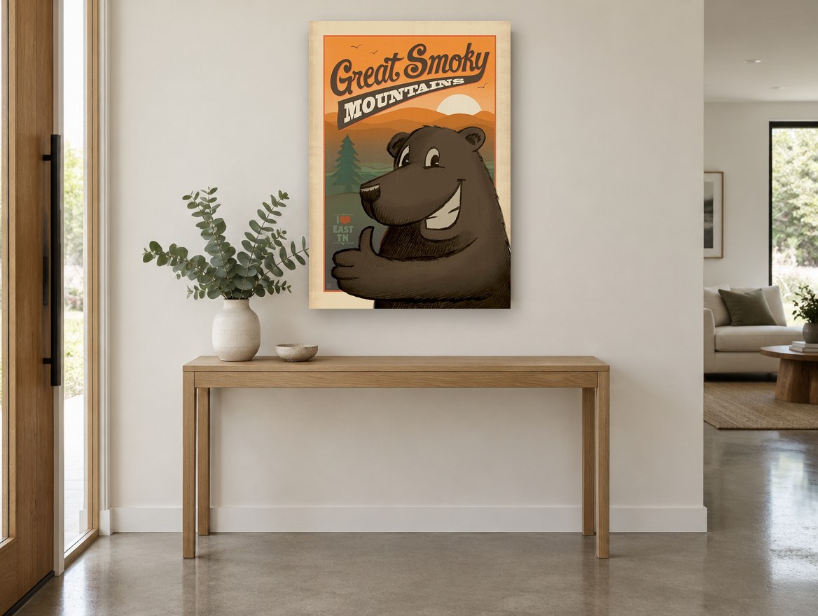 Thumbs-Up Smoky Bear vintage canvas print on the wall of a entry hall