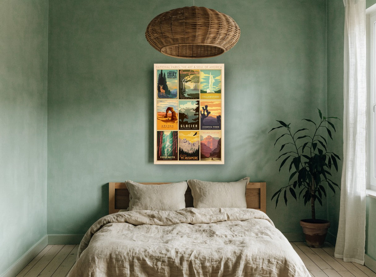 National Parks Collage vintage canvas print on the wall of a bedroom