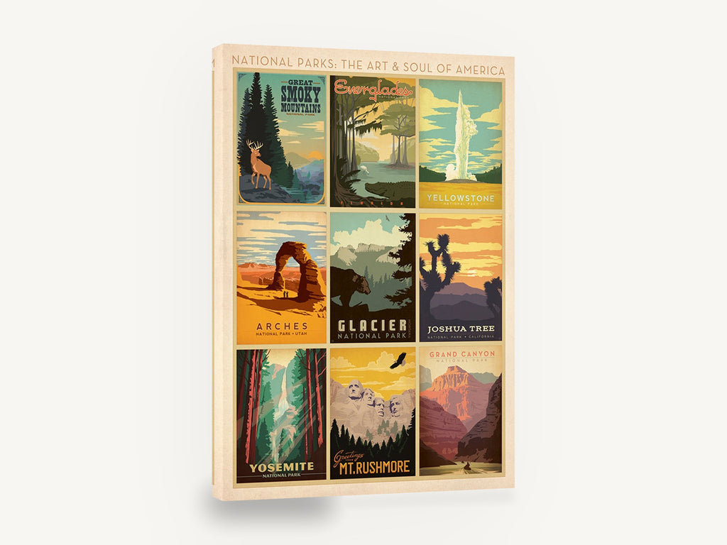 National Parks Collage, retro us national parks poster collection, stretched canvas wall art print ready to hang