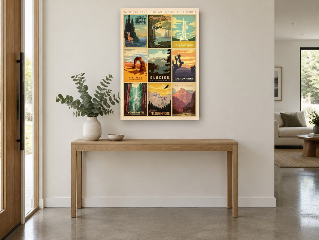 National Parks Collage vintage canvas print on the wall of a entry hall