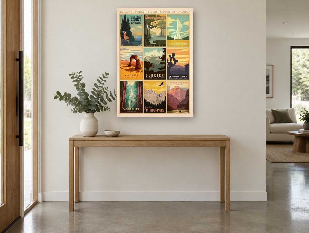 National Parks Collage vintage canvas print on the wall of a entry hall
