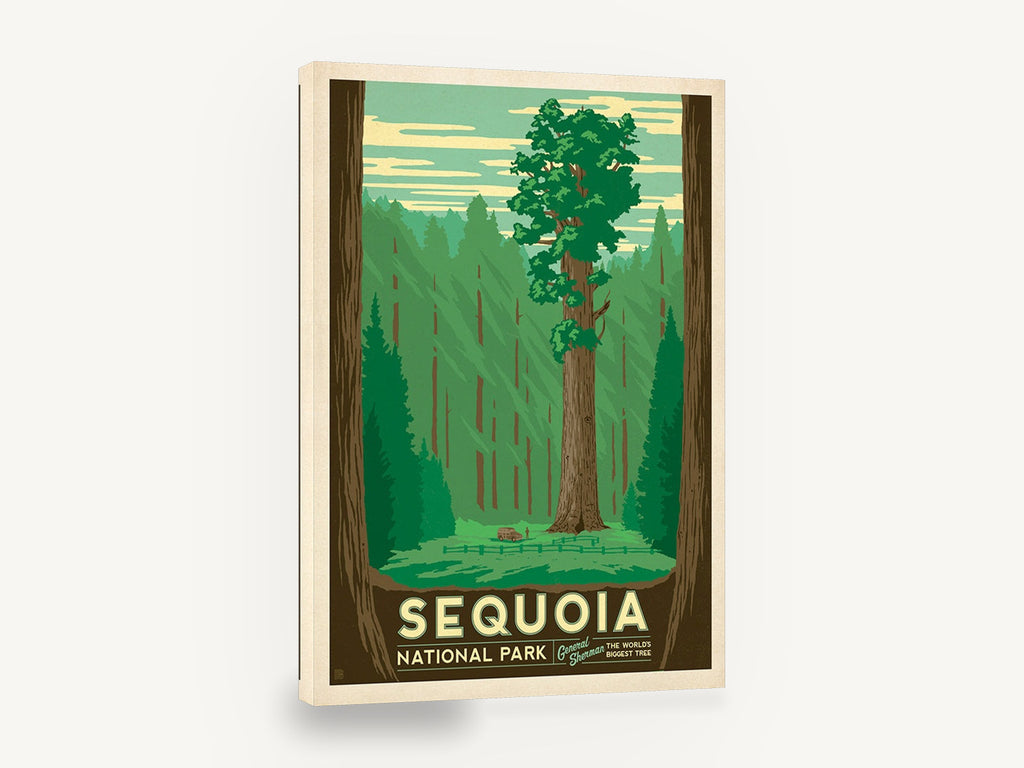 General Sherman Forest, retro sequoia national park travel poster, stretched canvas wall art print ready to hang