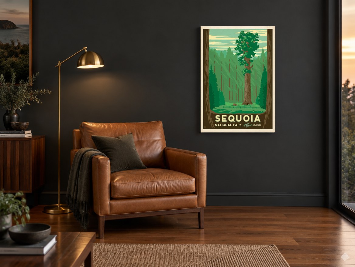 General Sherman Forest vintage canvas print on the wall of a charcoal living room