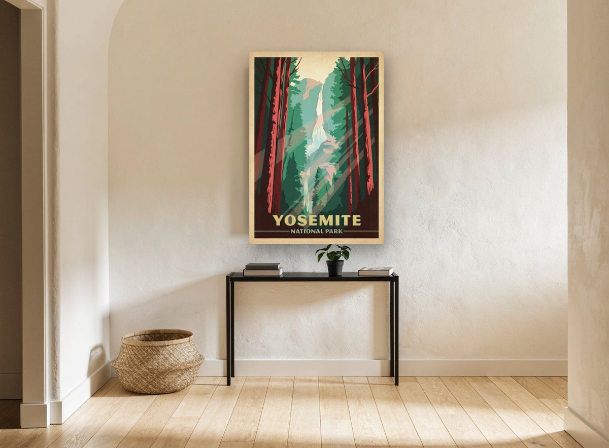 Yosemite Falls Light vintage canvas print on the wall of a hallway