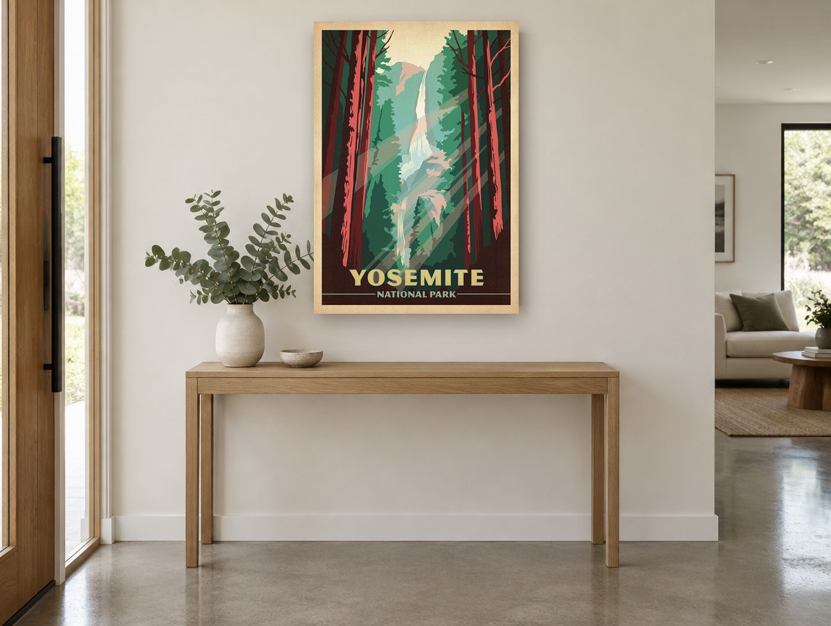 Yosemite Falls Light vintage canvas print on the wall of a entry hall